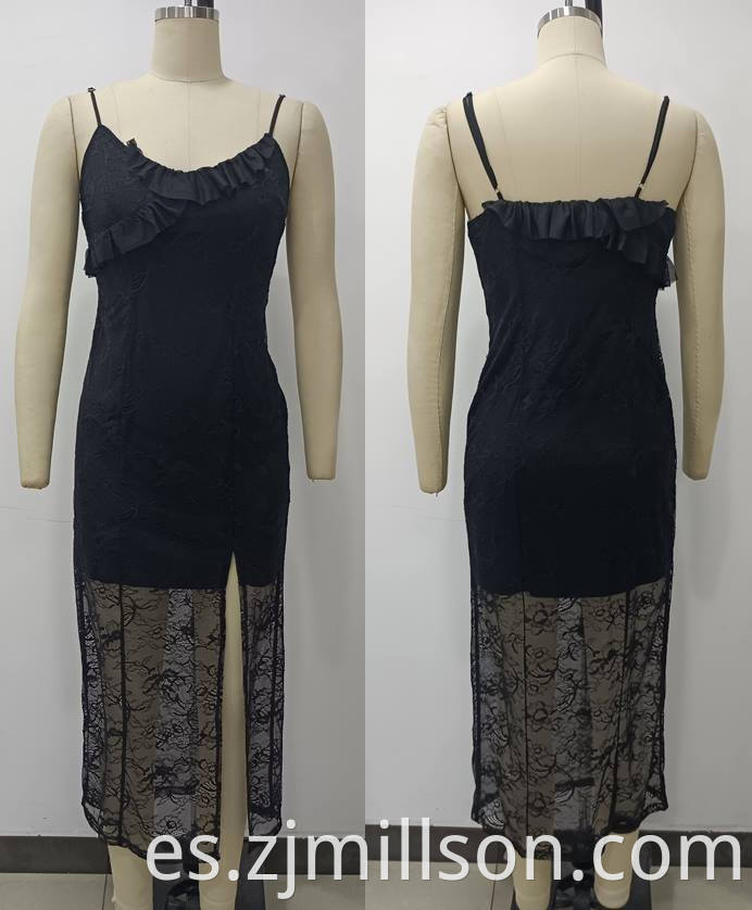 Knitting Black Lace Shoulder Staps Slit Dress